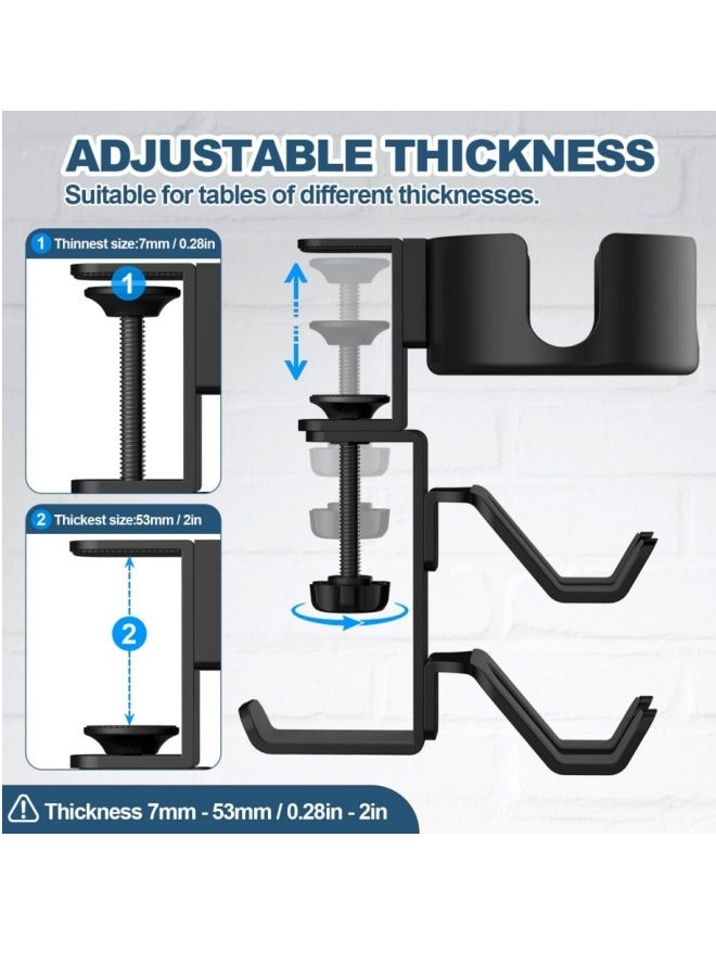 حامل أكواب مكتبي 4 في 1 مع شماعات سماعات رأس وحامل جهاز تحكم ملحقات ألعاب، مشبك ذراع قابل للتعديل والتدوير عالمي مطور لأكواب القهوة وزجاجات المياه وسماعات الرأس وأجهزة التحكم - أسود - Image 5