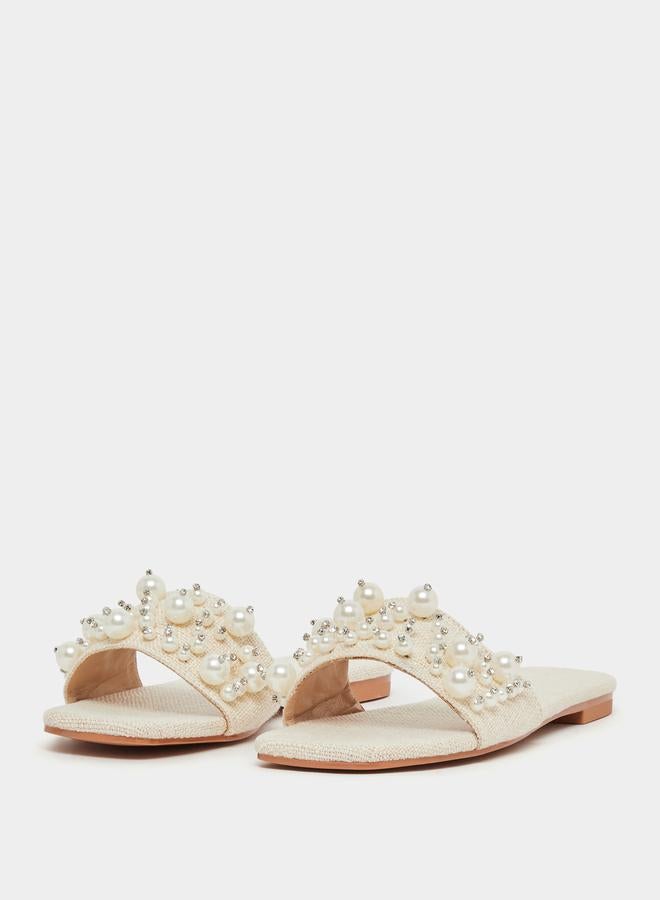 Styli Embellished Faux Pearl Flat Sandals - Image 2
