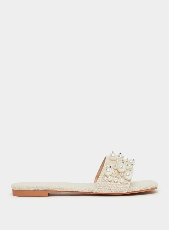 Styli Embellished Faux Pearl Flat Sandals - Image 1