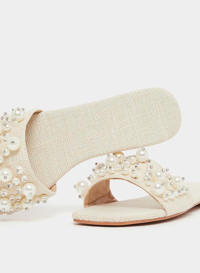 Styli Embellished Faux Pearl Flat Sandals - Image 3