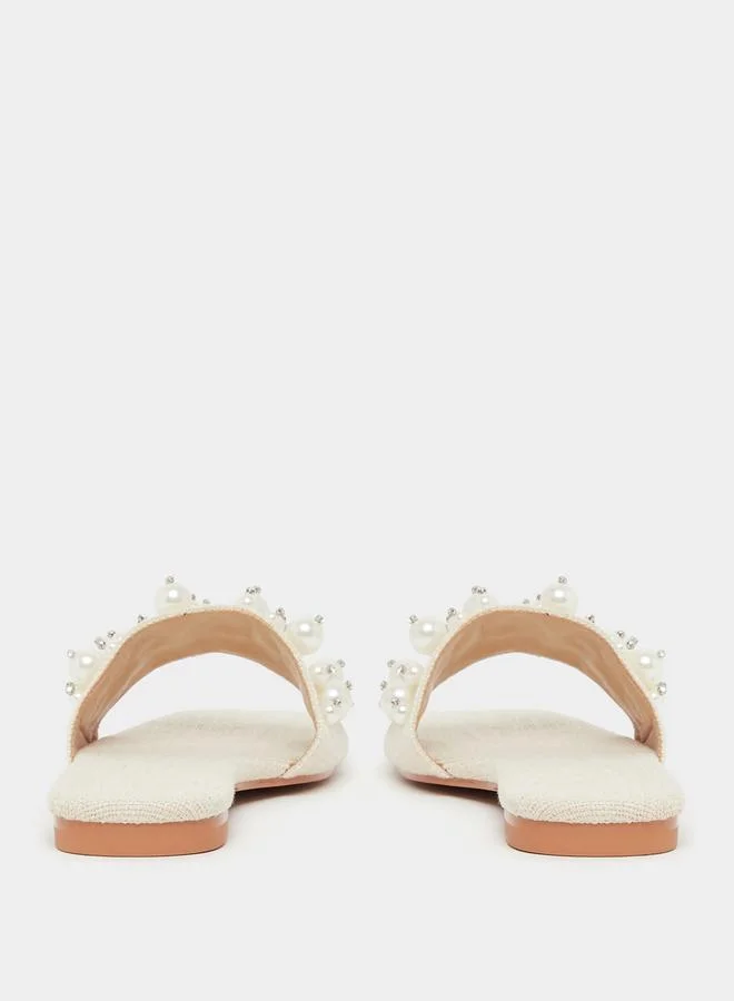 Styli Embellished Faux Pearl Flat Sandals
