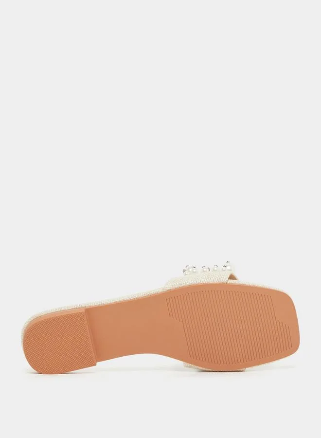 Styli Embellished Faux Pearl Flat Sandals