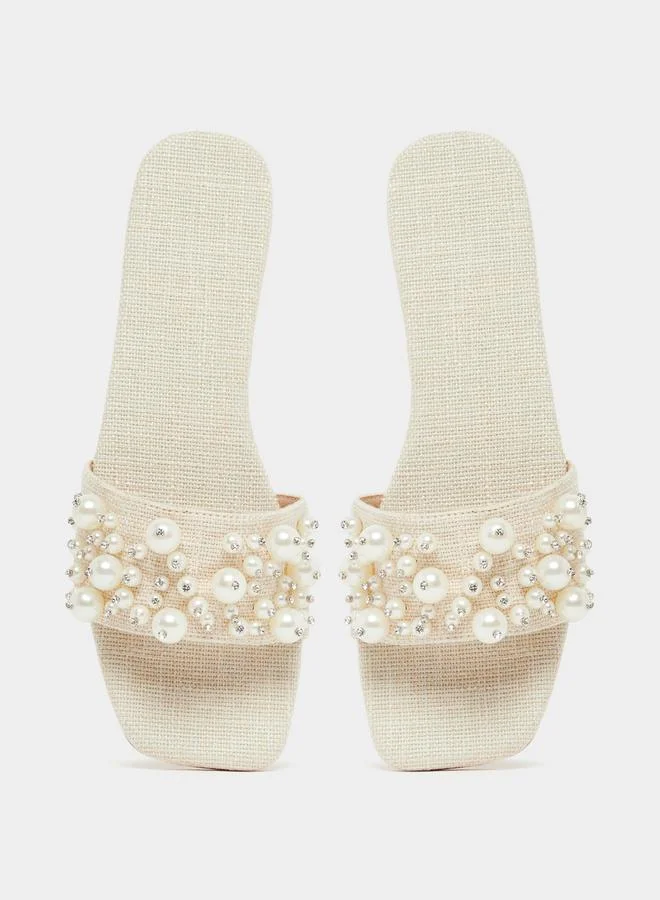 Styli Embellished Faux Pearl Flat Sandals