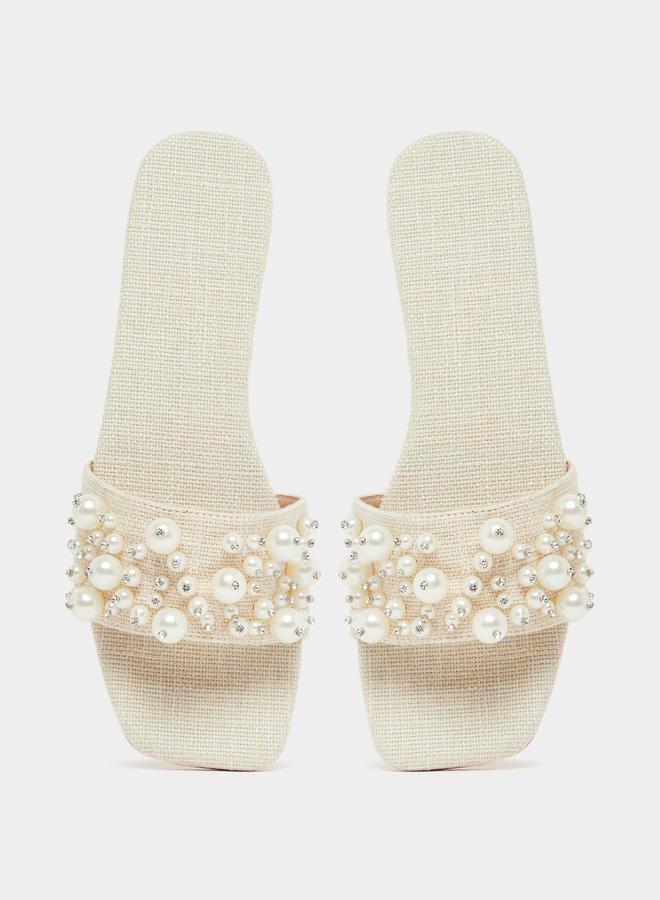Styli Embellished Faux Pearl Flat Sandals - Image 5