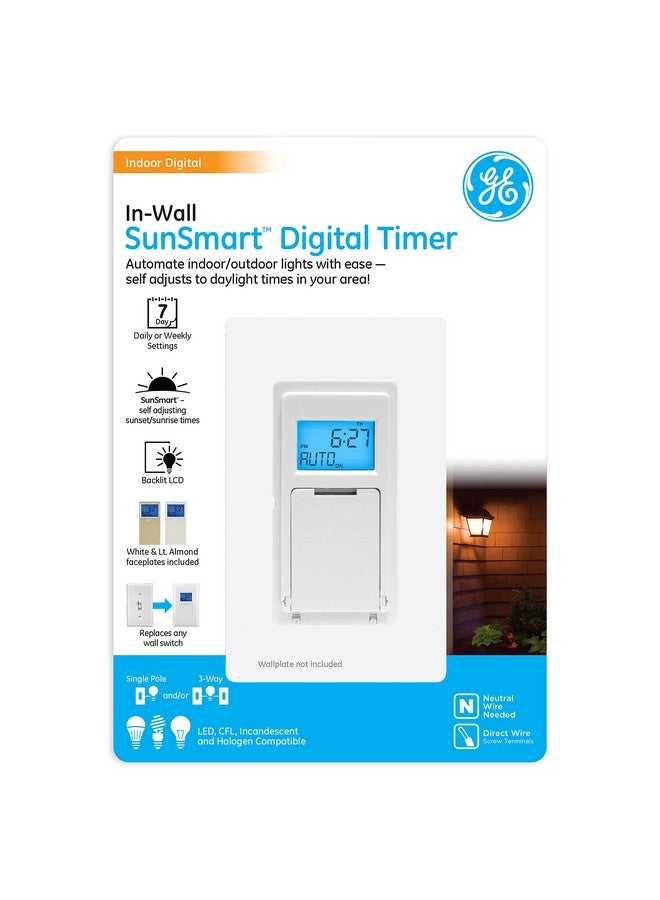 جي إي مؤقت GE SunSmart الرقمي المُثبّت في الحائط - أوقات تشغيل/إيقاف يومية، إعدادات قابلة للبرمجة، إعدادات مُسبقة للشروق والغروب، أمان أثناء العطلات - إضاءة بيضاء ولوزيّة، مروحة، مفتاح تدفئة - 32787 - Image 1
