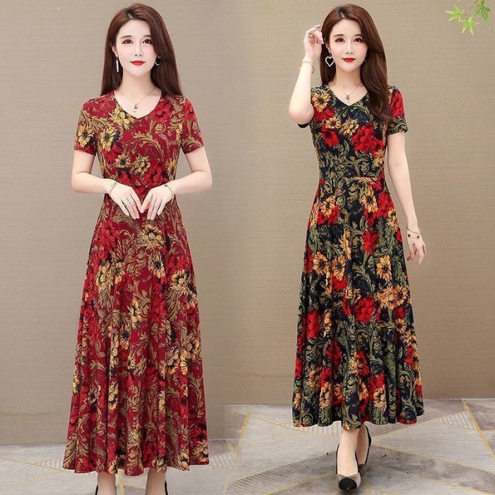 180g foot size ice silk dress pullover summer plus size printed large swing skirt slimming temperament knee-length skirt red print