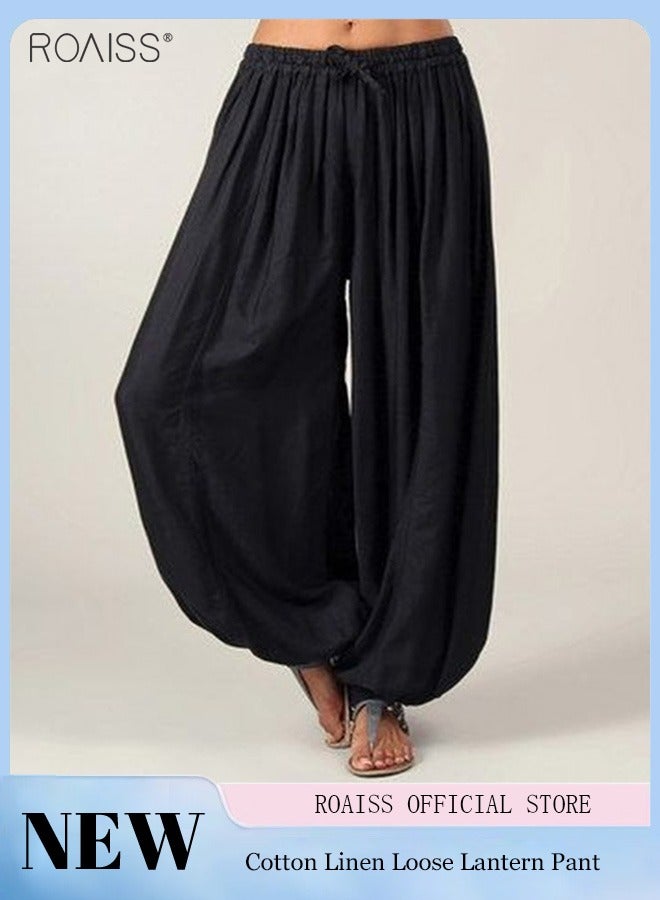 roaiss المرأة عادية فضفاض هارون السراويل الخصر الرباط العلاقات بنطال ذو قصة أرجل واسعة الساق تشديد بلون السراويل فضفاضة مطوي سراويل تقليدية - Image 1