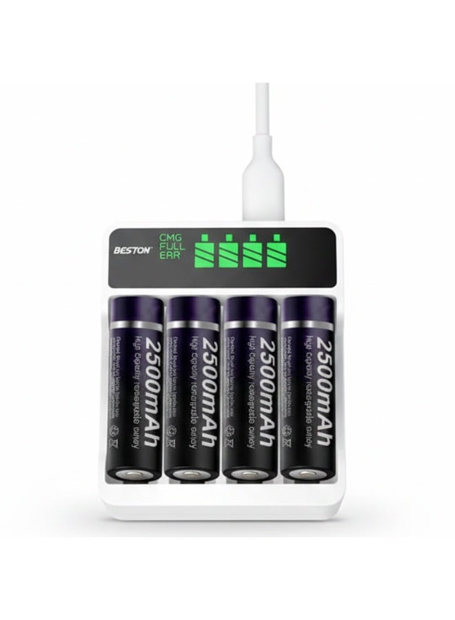 بيستون شاحن بطاريات ذكي بشاشة LCD طراز C9026L لبطاريات AA/AAA القابلة لإعادة الشحن، مزود بـ 4 بطاريات AA سعة 2500 مللي أمبير من نوع Ni-MH، يدعم الشحن السريع عبر منفذي USB وType-C، ويحتوي على 4 فتحات، مع حماية أمان متقدمة. - Image 1