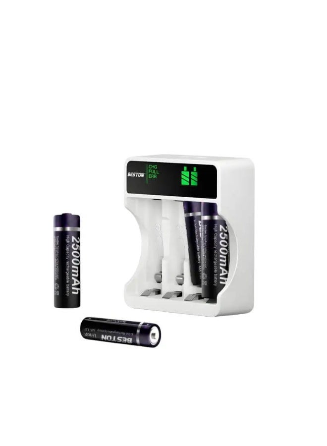 بيستون شاحن بطاريات ذكي بشاشة LCD طراز C9026L لبطاريات AA/AAA القابلة لإعادة الشحن، مزود بـ 4 بطاريات AA سعة 2500 مللي أمبير من نوع Ni-MH، يدعم الشحن السريع عبر منفذي USB وType-C، ويحتوي على 4 فتحات، مع حماية أمان متقدمة. - Image 3