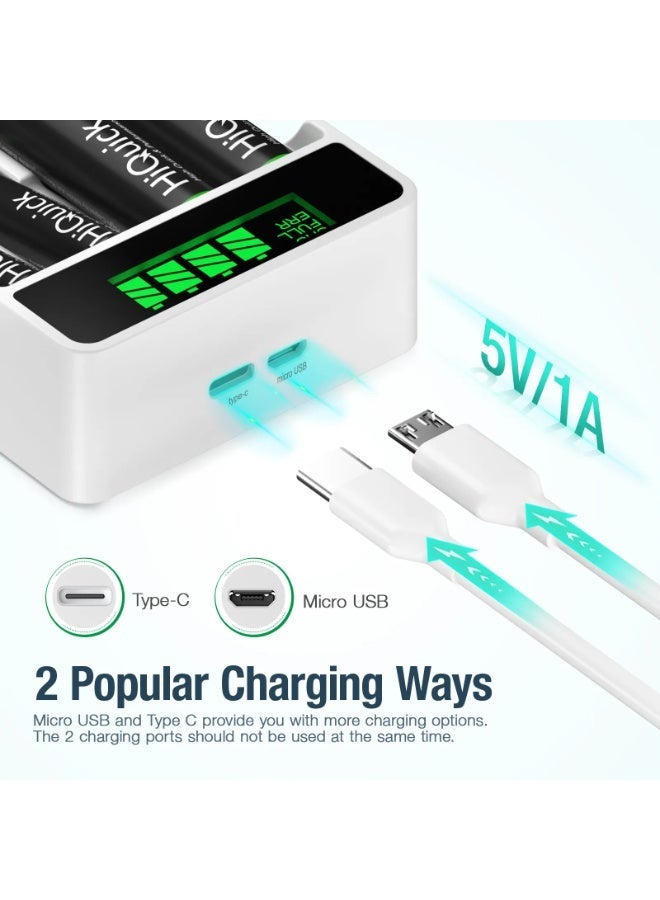 بيستون شاحن بطاريات ذكي بشاشة LCD طراز C9026L لبطاريات AA/AAA القابلة لإعادة الشحن، مزود بـ 4 بطاريات AA سعة 2500 مللي أمبير من نوع Ni-MH، يدعم الشحن السريع عبر منفذي USB وType-C، ويحتوي على 4 فتحات، مع حماية أمان متقدمة. - Image 5