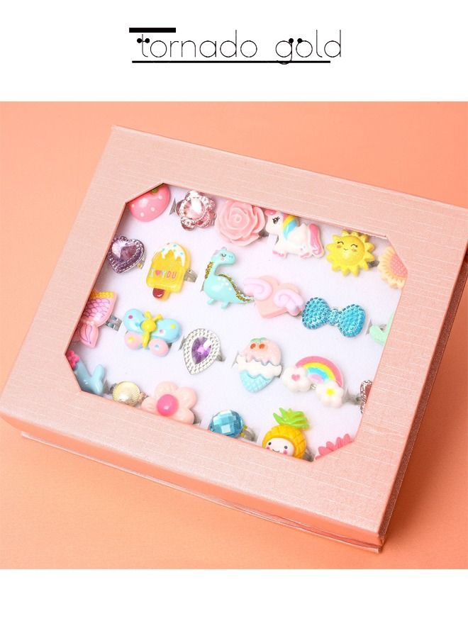 24 قطعة من الخواتم اللطيفة للفتيات الصغيرات مجموعة خواتم مجوهرات غير مكررة وقابلة للتعديل للعب التظاهري وخواتم اللباس