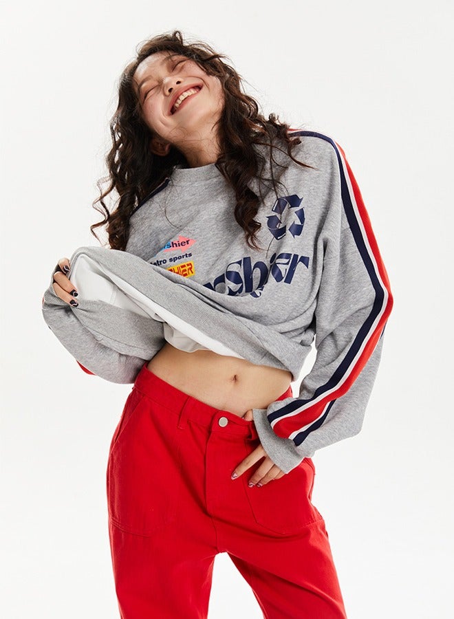 NIBEMINENT Colorful Letter Casual Long Sleeve Round Neck T-Shirt Grey - Image 3