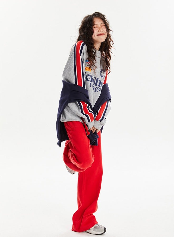 NIBEMINENT Colorful Letter Casual Long Sleeve Round Neck T-Shirt Grey - Image 4