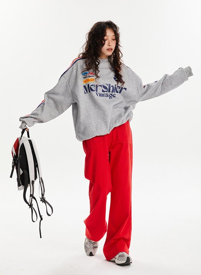 NIBEMINENT Colorful Letter Casual Long Sleeve Round Neck T-Shirt Grey - Image 2