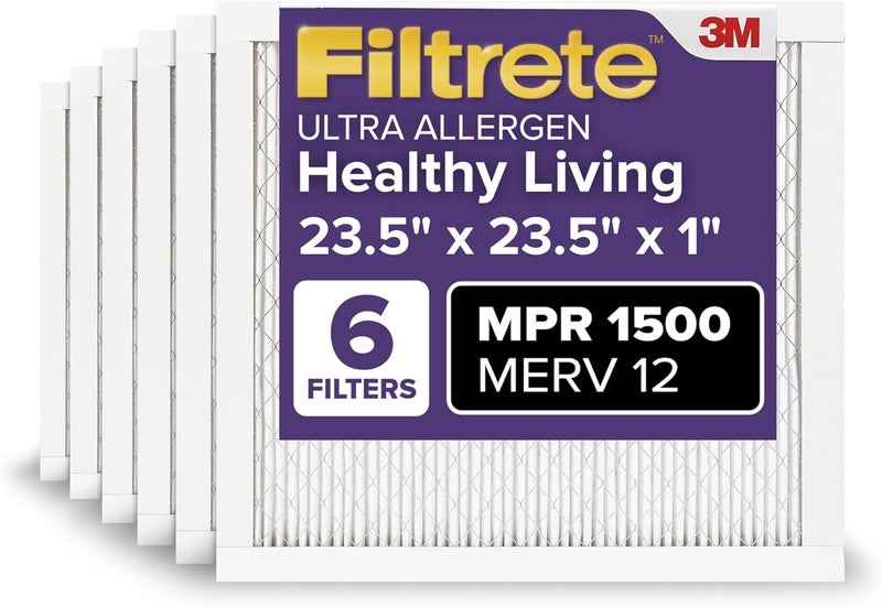 FILTRETE 23.5x23.5x1 AC Furnace Air Filter, MERV 12, MPR 1500, CERTIFIED asthma & allergy friendly, 3 Month Pleated 1-Inch Electrostatic Air Cleaning Filter, 6-Pack (Actual Size 23.22x23.22x0.78 in) - Image 1