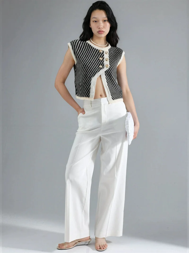 MY FASHION Natural MY FASHION Textured Knitwear Cropped Waistcoat with Button Closure for Women | Best Price UAE