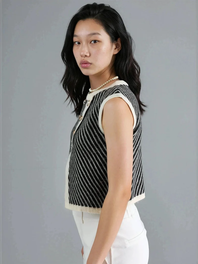 MY FASHION Natural MY FASHION Textured Knitwear Cropped Waistcoat with Button Closure for Women | Best Price UAE