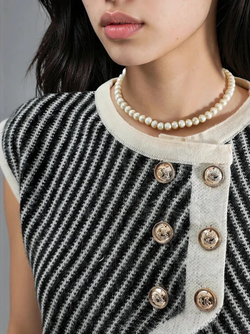 MY FASHION Natural MY FASHION Textured Knitwear Cropped Waistcoat with Button Closure for Women | Best Price UAE