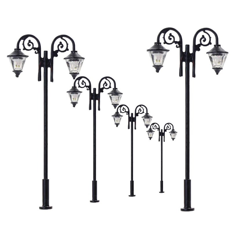 Evemodel LYM61 5pcs Model Train HO Scale Lamp Post LEDs 1:87 Street Lights 65mm Miniature Double Heads Warm White  - Image 1