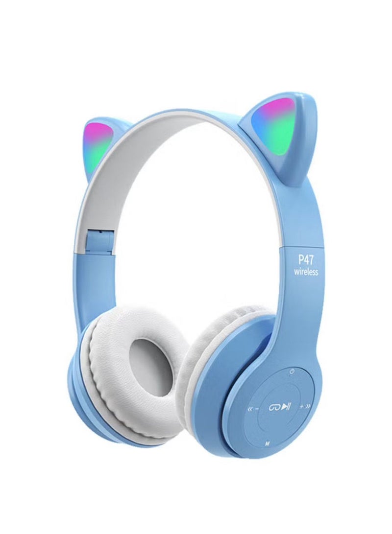 P47M Cute Cat Ear Wireless Headset BT 5.0 with TF Card Slot Blue  - Image 1