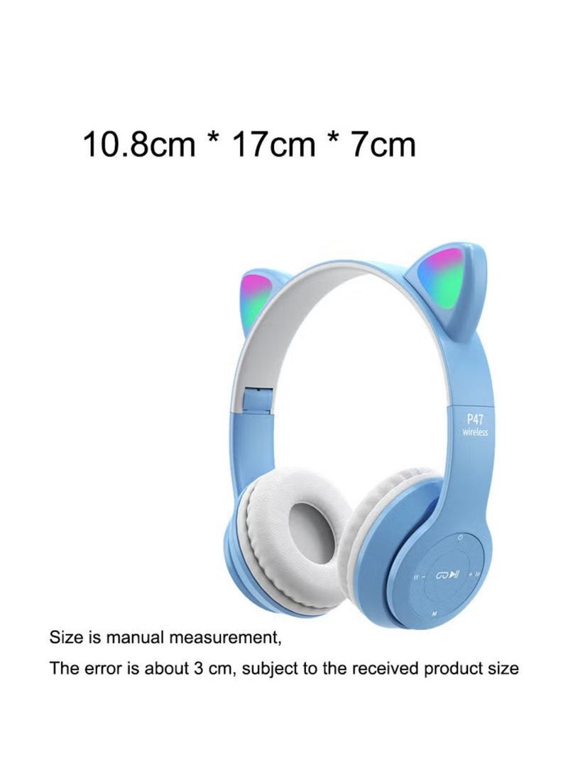 P47M Cute Cat Ear Wireless Headset BT 5.0 with TF Card Slot Blue  - Image 2