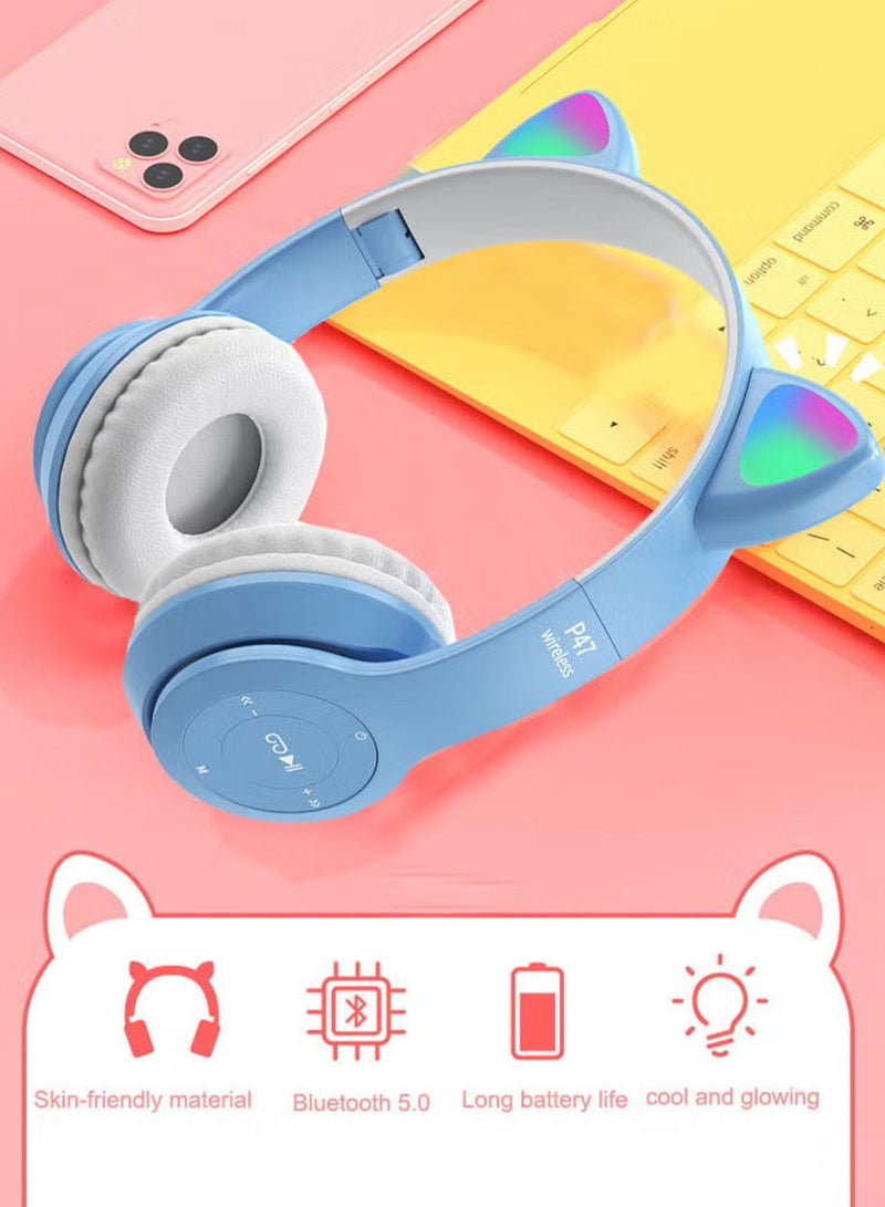 P47M Cute Cat Ear Wireless Headset BT 5.0 with TF Card Slot Blue  - Image 4