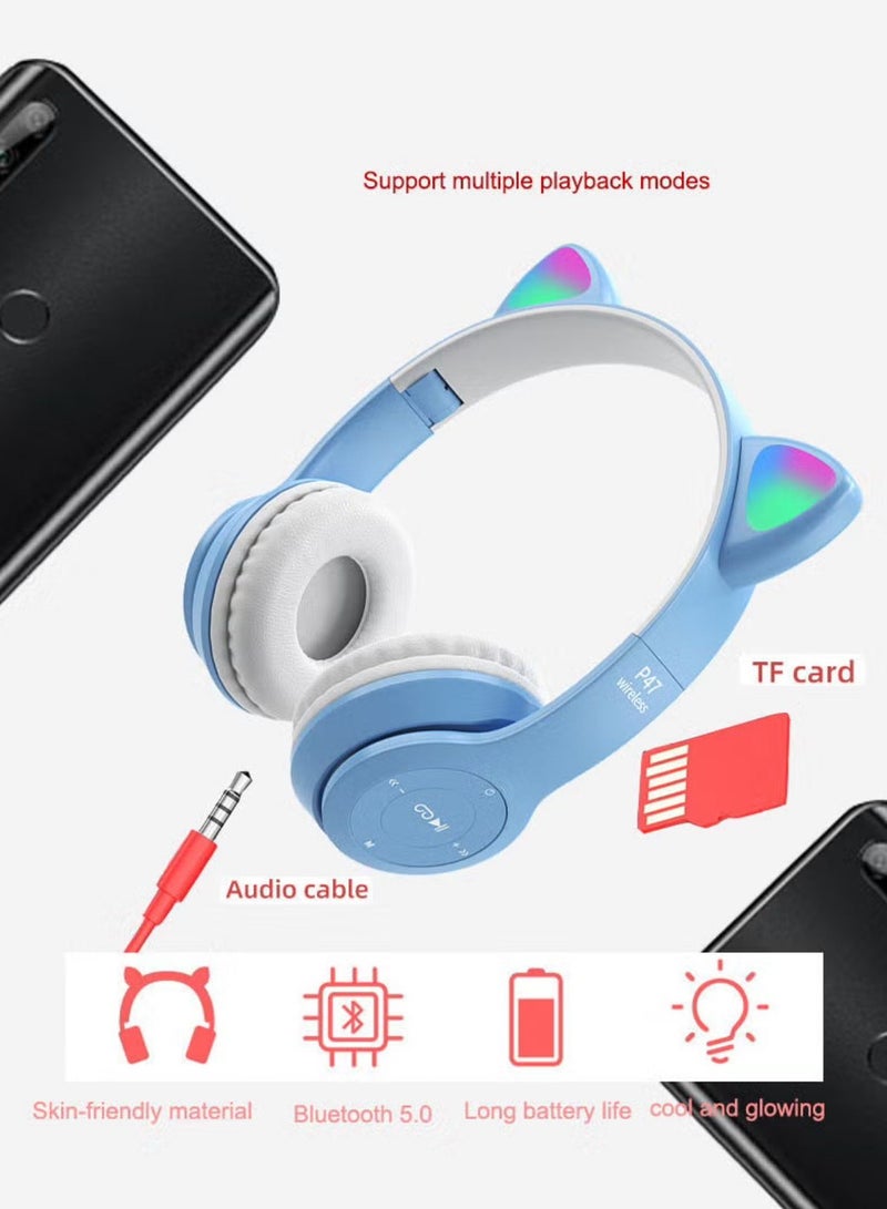P47M Cute Cat Ear Wireless Headset BT 5.0 with TF Card Slot Blue  - Image 5