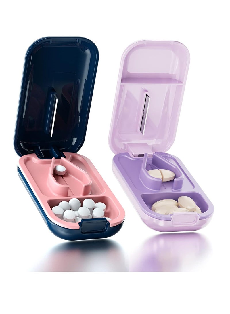2 Pieces Small Pill Cutter, Pill Splitter for Small or Large Pills, Cutting Vitamin Tablets, Portable and Beautiful Pill Crusher for Wallet Pocket (Blue + Purple) - Image 1