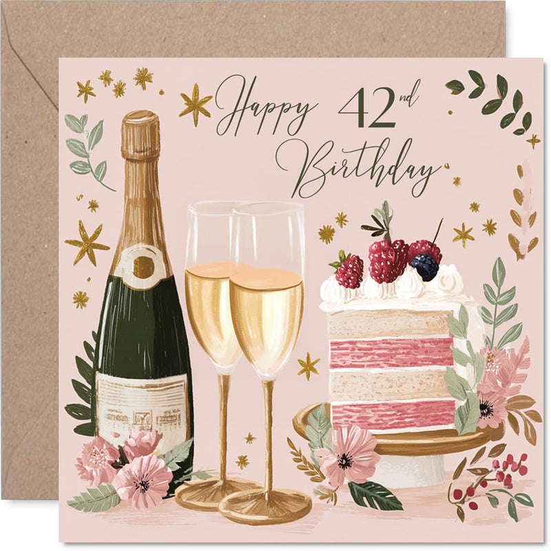 Stuff4 42nd Birthday Cards for Women - Cakes & Wine - Happy Birthday Card for 42 Year Old Woman Cousin Neighbor Auntie Friend  5.7 Inch Bday Greeting Cards - Image 1