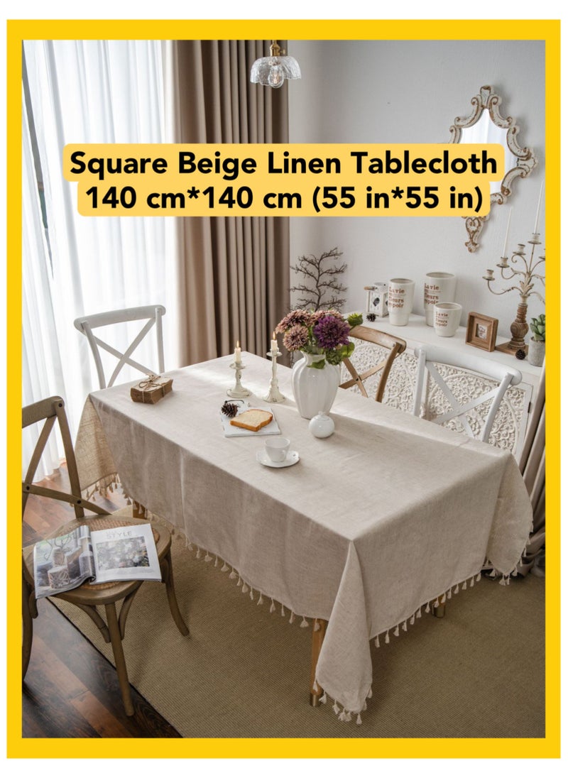 Oasis Casa Square Beige Tablecloth Table Cover for Coffee Table, Classic Cotton Linen Table Cloth for Coffee Table / Dining Table, Decorative Linen for Kitchen/Cafe/Wedding/Picnic/Party/Birthday (140 cm*140 cm / 55 in*55 in)  - Image 1