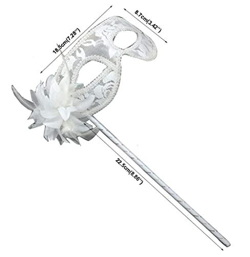 AZYOUNG Women's White Lace Veil Translucent Half Face Mask on Stick with Side Feather Flower (White) - Image 2