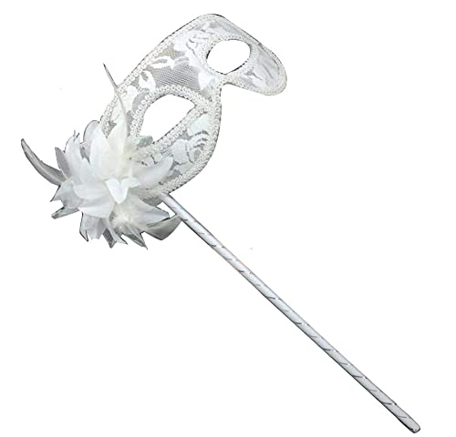 AZYOUNG Women's White Lace Veil Translucent Half Face Mask on Stick with Side Feather Flower (White) - Image 1