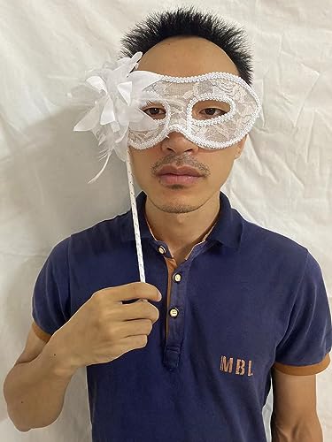AZYOUNG Women's White Lace Veil Translucent Half Face Mask on Stick with Side Feather Flower (White) - Image 3