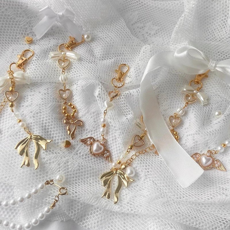Agromusk Gold Bow Keychain Bag Charms for Women Heart Pearl Beaded Purse Charms Coquette Aesthetic Key Chain Jewelry Elegant Decor Accessories Pendant - Image 2