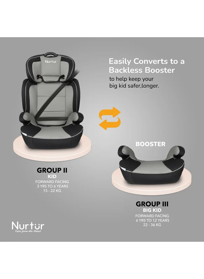 Nurtur Jupiter Baby/Kids 3-in-1 Car Seat + Booster Seat - Adjustable Backrest - Extra Protection - 5-Point Safety Harness - 9 months to 12 years (Group 1/2/3), Upto 36kg - Grey Multi