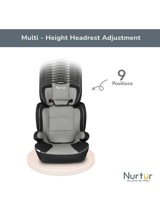 Nurtur Jupiter Baby/Kids 3-in-1 Car Seat + Booster Seat - Adjustable Backrest - Extra Protection - 5-Point Safety Harness - 9 months to 12 years (Group 1/2/3), Upto 36kg - Grey Multi