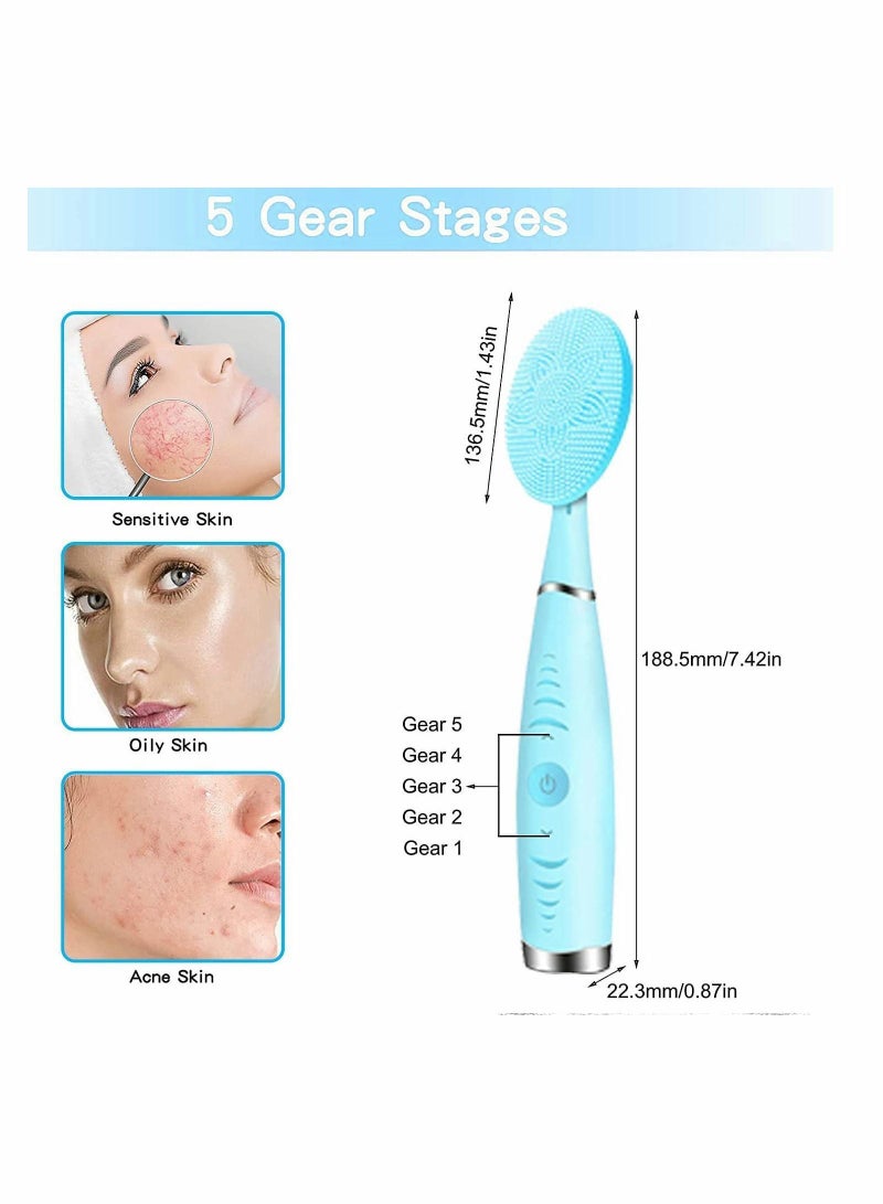 NIBEMINENT Facial Cleansing Brush, Portable Handled Face Brush with 5 Adjustable Speeds Vibrating Rechargeable for Deep Cleaning Gentle Exfoliating Massaging (Blue) - Image 5