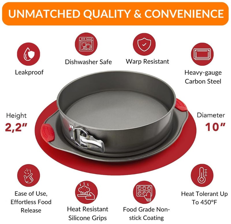 Boxiki Kitchen 10 Inch Nonstick Springform Pan, Professional Spring Form and Cheesecake Baking Mold, Leakproof Cake Pan with Silicone Handles - Image 2