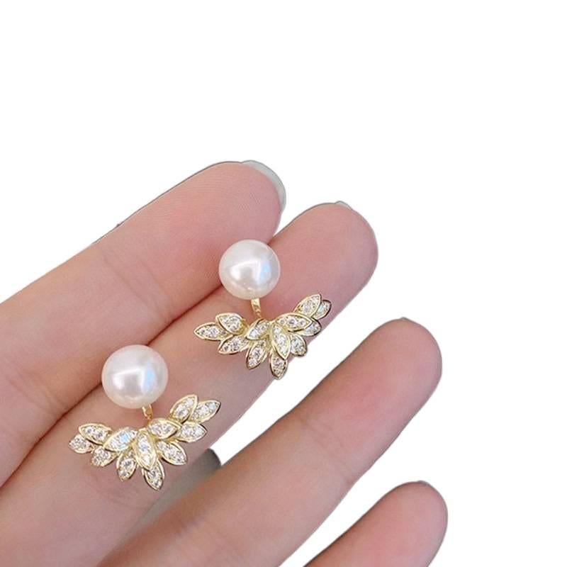 AD Pearl Earrings with Rhinestone Detail and Flower Detail Lightweight Non Pierced Jewelry for Women and Daily Wear - Image 1