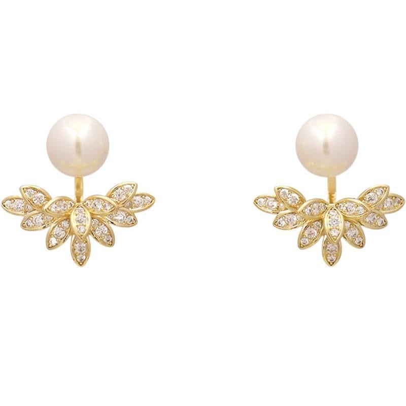 AD Pearl Earrings with Rhinestone Detail and Flower Detail Lightweight Non Pierced Jewelry for Women and Daily Wear - Image 5