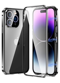 Metal Case for iPhone 15 Pro Max, 360° Full Protection Ultra Thin Clear Double Sided Tempered Glass Screen Protector Case Cover with Safety Lock and Camera Lens Protector