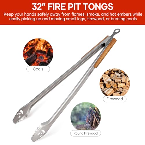 XUDAKAIXIN Fire Pit Tongs 32inch Super Long for Loading WoodBBQ with Extended Luxurious Acacia Handle for Fire Pits Fire RingsCampfires and Fireplaces Outdoor or Indoor - Image 3