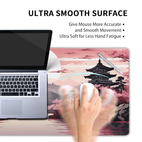 aportt Pink Japanese Sakura Gaming Mouse Pad XL Cherry Blossom Tower Mountain Landscape Extended Large Desk Mat Big Mousepad Non-Slip Rubber Base Stitched Edge Long Desk Pad,31.5×11.8 in - Image 4