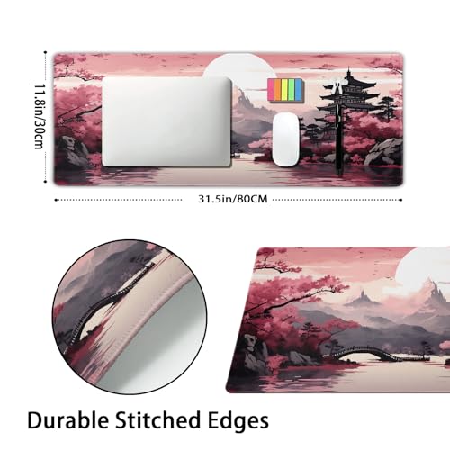 aportt Pink Japanese Sakura Gaming Mouse Pad XL Cherry Blossom Tower Mountain Landscape Extended Large Desk Mat Big Mousepad Non-Slip Rubber Base Stitched Edge Long Desk Pad,31.5×11.8 in - Image 2