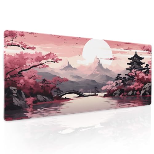 aportt Pink Japanese Sakura Gaming Mouse Pad XL Cherry Blossom Tower Mountain Landscape Extended Large Desk Mat Big Mousepad Non-Slip Rubber Base Stitched Edge Long Desk Pad,31.5×11.8 in - Image 1