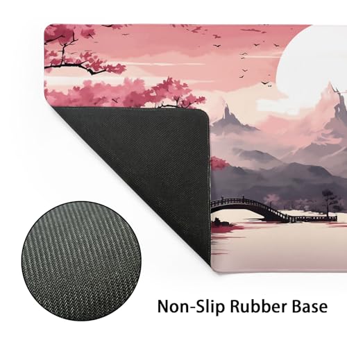 aportt Pink Japanese Sakura Gaming Mouse Pad XL Cherry Blossom Tower Mountain Landscape Extended Large Desk Mat Big Mousepad Non-Slip Rubber Base Stitched Edge Long Desk Pad,31.5×11.8 in - Image 3