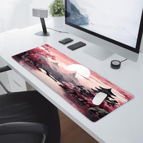 aportt Pink Japanese Sakura Gaming Mouse Pad XL Cherry Blossom Tower Mountain Landscape Extended Large Desk Mat Big Mousepad Non-Slip Rubber Base Stitched Edge Long Desk Pad,31.5×11.8 in - Image 5