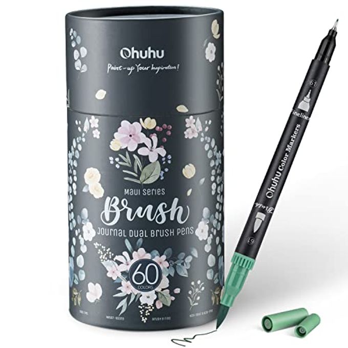 Ohuhu Markers For Adult Coloring Books No Bleeding 60 Colors Coloring Markers Water-Based Dual Tips Fineliner & Brush Drawing Pens Art Markers For Kids Adults Sketch Journal Maui Black - Image 1