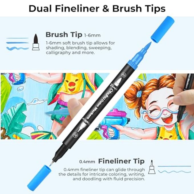 Ohuhu Markers For Adult Coloring Books No Bleeding 60 Colors Coloring Markers Water-Based Dual Tips Fineliner & Brush Drawing Pens Art Markers For Kids Adults Sketch Journal Maui Black - Image 3