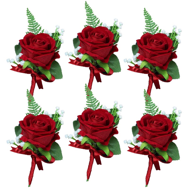 Rinlong 6Pcs Boutonnieres for Men Wedding Boutonnieres with Pins for Groom Red Rose Boutonnieres for Wedding Prom Homecoming Boutineers Flowers